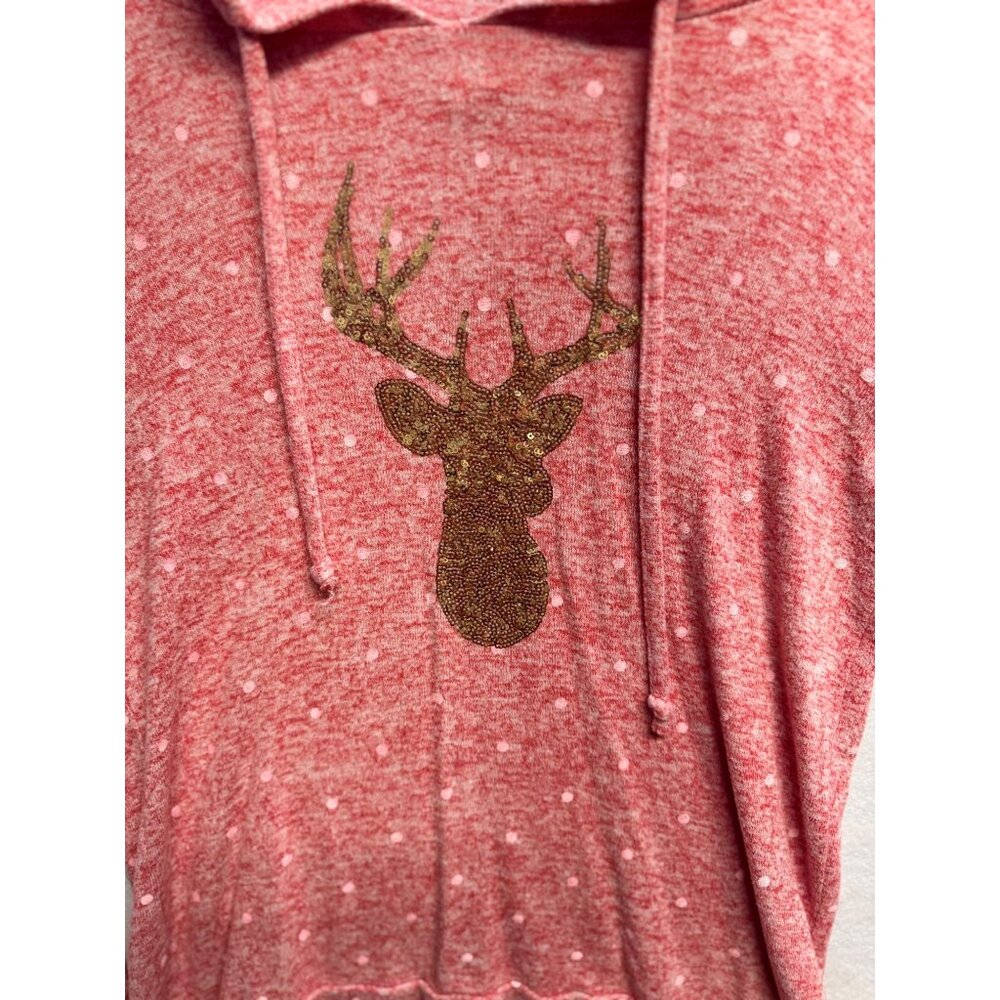 Red Heathered Hoodie W/ Gold Glitter Deer Print Polka Dot Pattern Size Small - Picture 2 of 9